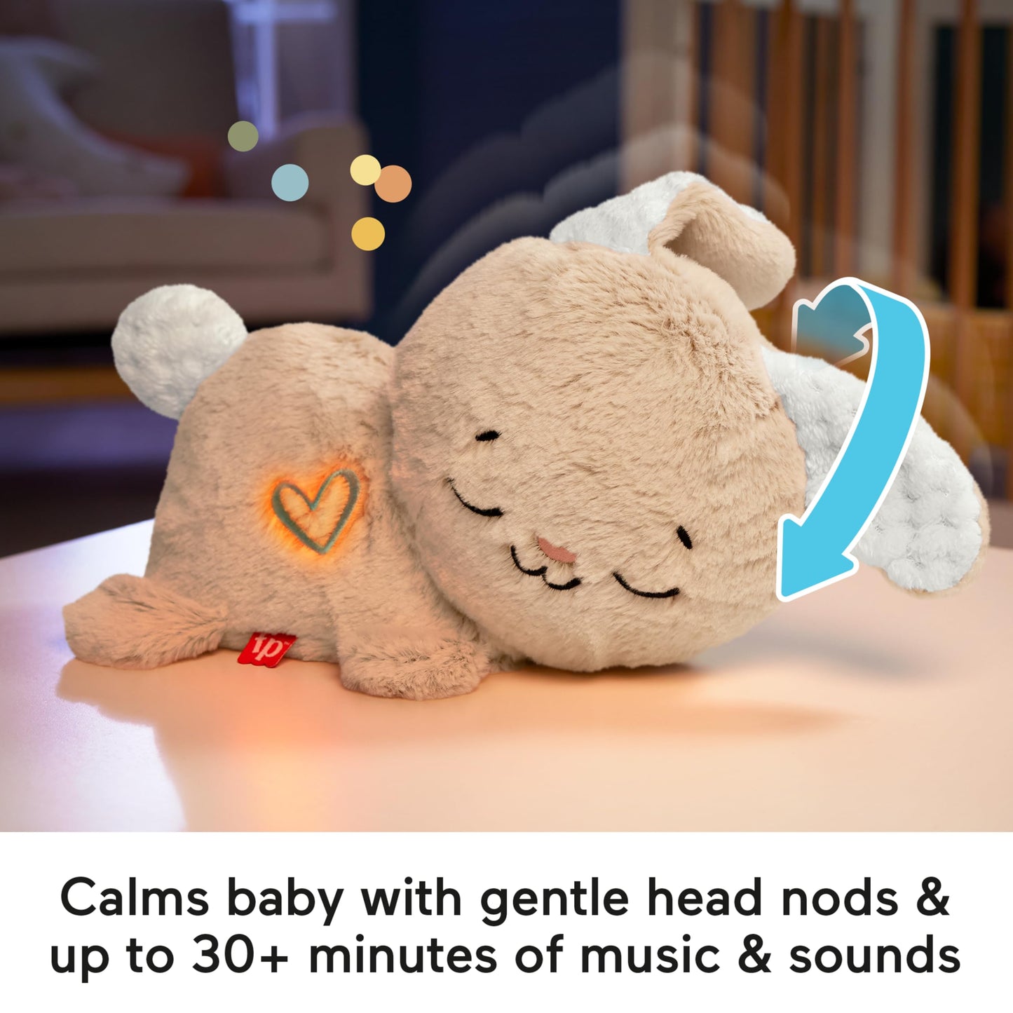 Fisher-Price baby sound machine Soothe & Settle Bunny plush toy with music, lights, and motion for newborns.