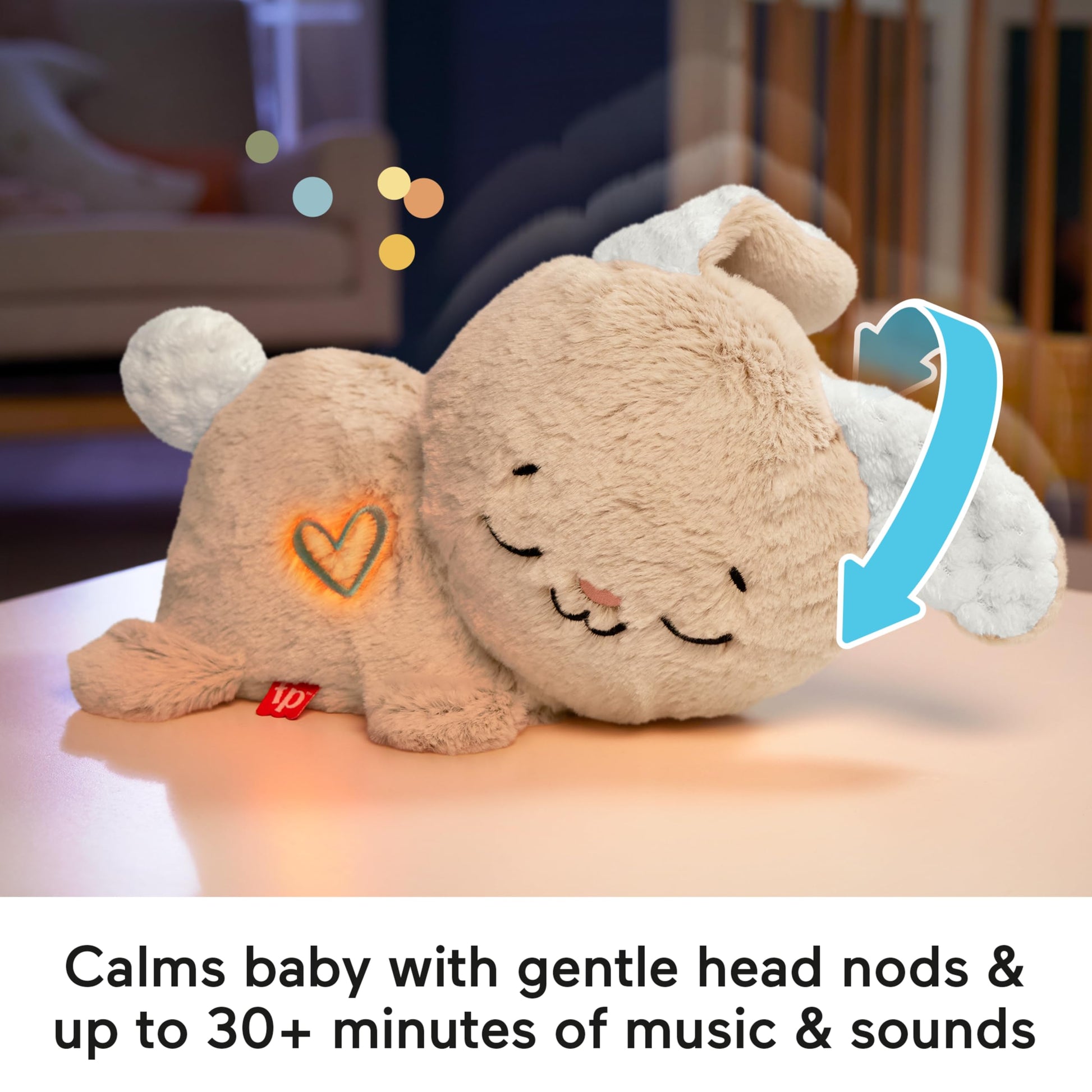 Fisher-Price baby sound machine Soothe & Settle Bunny plush toy with music, lights, and motion for newborns.