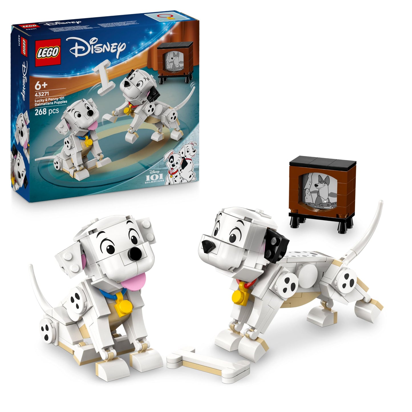 LEGO ǀ Disney Lucky & Penny 101 Dalmatians Puppies Toy - Play & Display Animal Figures with Movable Heads, Legs & Tails - incl. a Bone and TV - Gift for 6+ Year Old Girls 43271