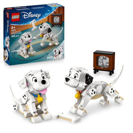 LEGO ǀ Disney Lucky & Penny 101 Dalmatians Puppies Toy - Play & Display Animal Figures with Movable Heads, Legs & Tails - incl. a Bone and TV - Gift for 6+ Year Old Girls 43271