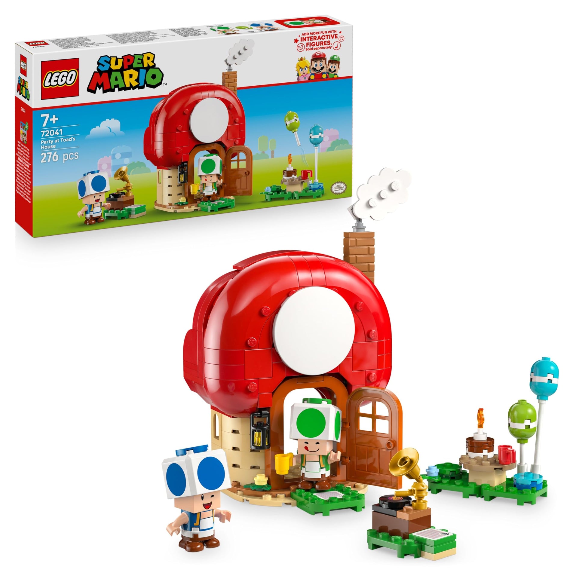 LEGO Super Mario Party at Toad's House toy set featuring Mario and Toad figures, kitchen, bedroom, and picnic table for kids 7+