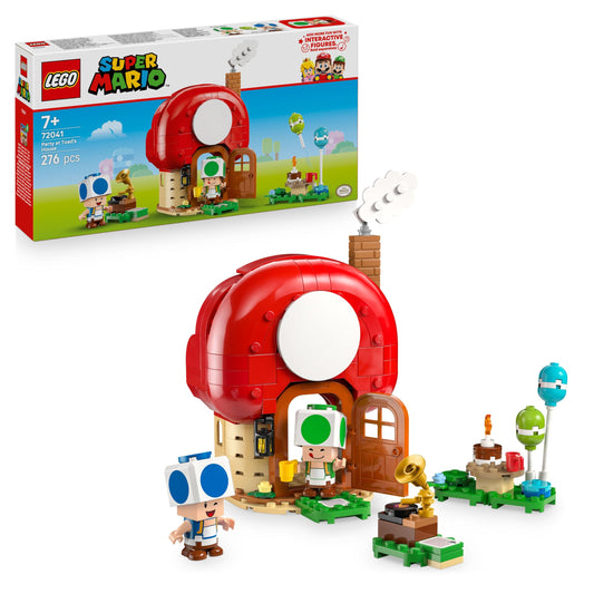 LEGO Super Mario Party at Toad's House toy set featuring Mario and Toad figures, kitchen, bedroom, and picnic table for kids 7+