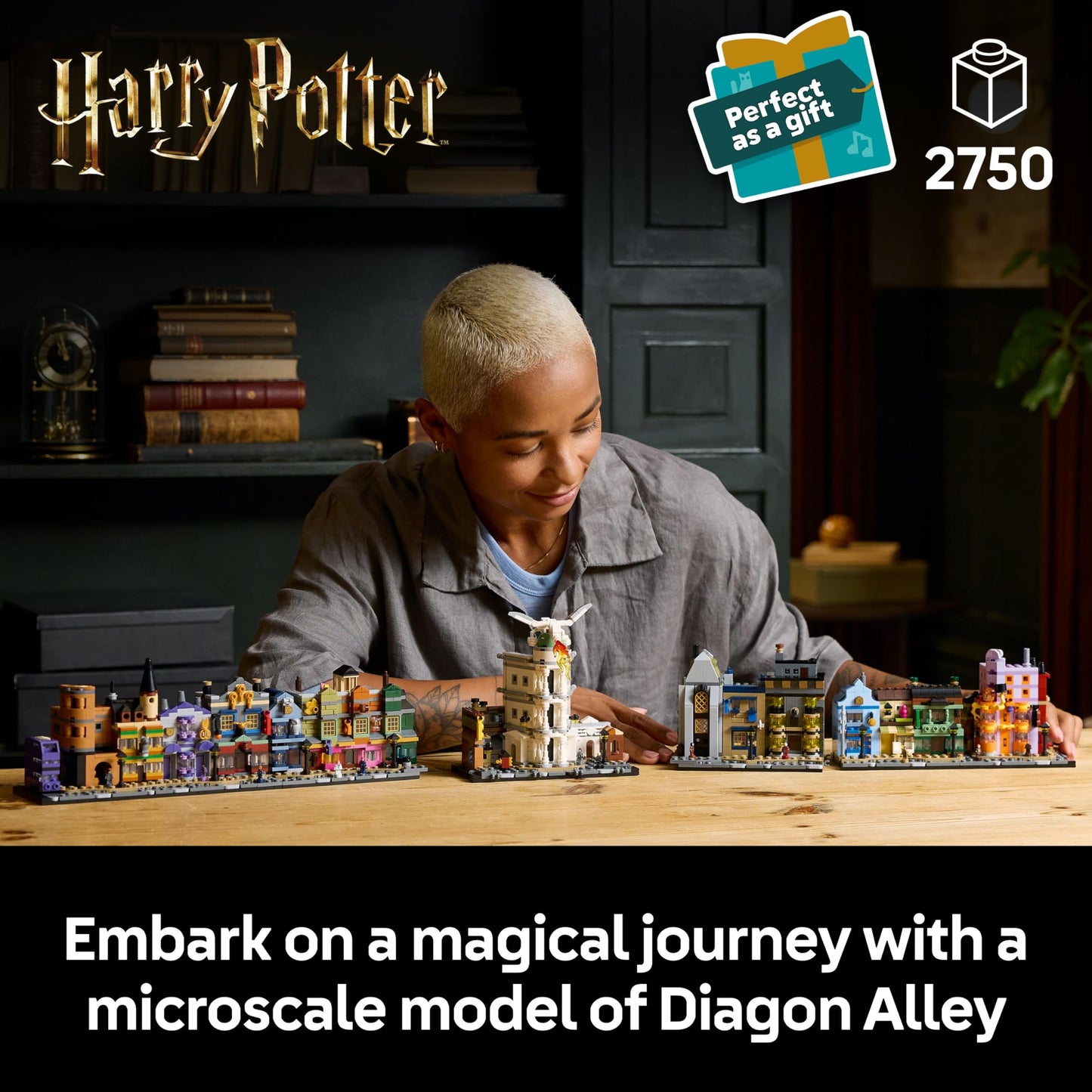 LEGO Harry Potter Diagon Alley building set showcasing brick-built shops and 12 detailed microfigures.