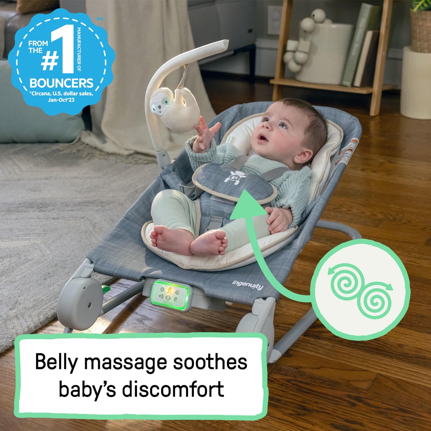 Ingenuity Happy Belly Rock-to-Bounce Seat, Music, Vibration, Detachable Toy Bar, Plush Sloth Toy, for Ages 0-6 Months, Grey - Parker