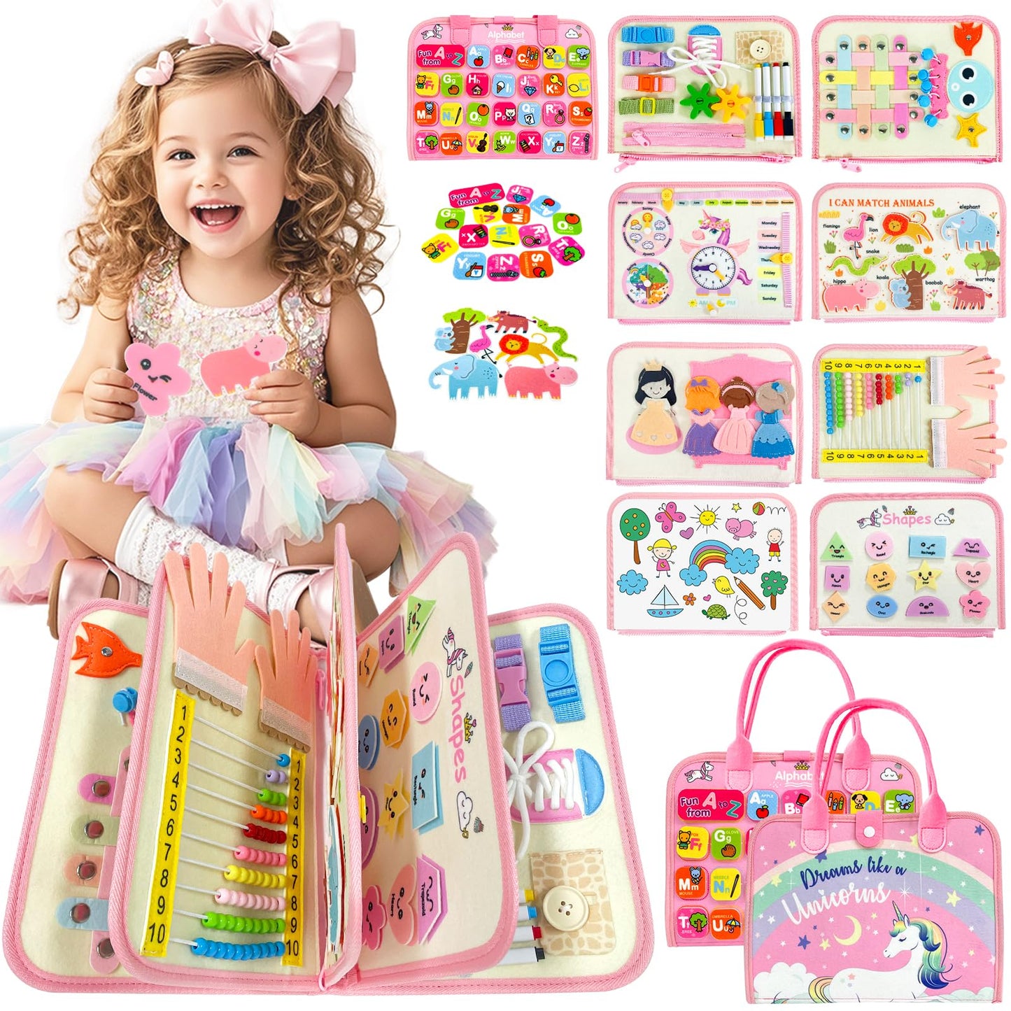 Busy Book, Busy Board for Toddler, Montessori Toys, Toddler Travel Toys, Plane Toys for 3 4 5 Year Old, Baby Travel Toys, Plane Activities for Kids, Activity Book, Pink Unicorn Sensory Board