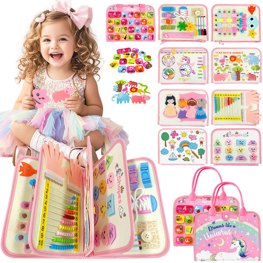 Busy Book, Busy Board for Toddler, Montessori Toys, Toddler Travel Toys, Plane Toys for 3 4 5 Year Old, Baby Travel Toys, Plane Activities for Kids, Activity Book, Pink Unicorn Sensory Board