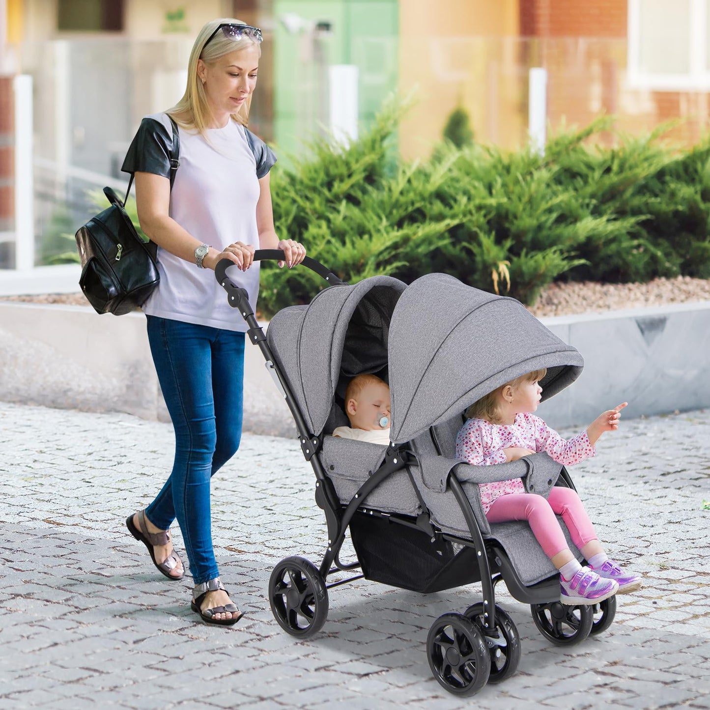 GYMAX Double Seat Stroller with Adjustable Push Handle, Detachable Canopy and Foot Rest, Foldable Baby Pushchair Buggy for Traveling, Going Shopping & Hanging Out (Grey)