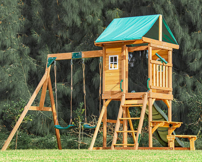 DOLPHIN PLAYGROUND T Wooden Swing and Slide Set for Backyard, Kids Swing Set with Picnic Table, Play House for Kids Outdoors with Slide 2 Swings Climbing Wall, Kids Outdoor Play Equipment for Ages 3+