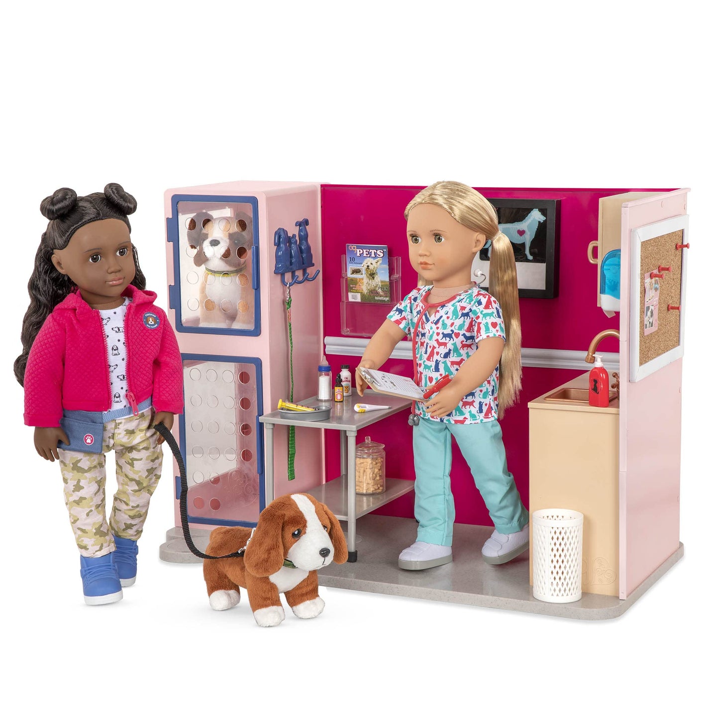 Our Generation Healthy Paws Vet Clinic playset for 18-inch dolls, featuring a pink veterinary clinic with accessories.