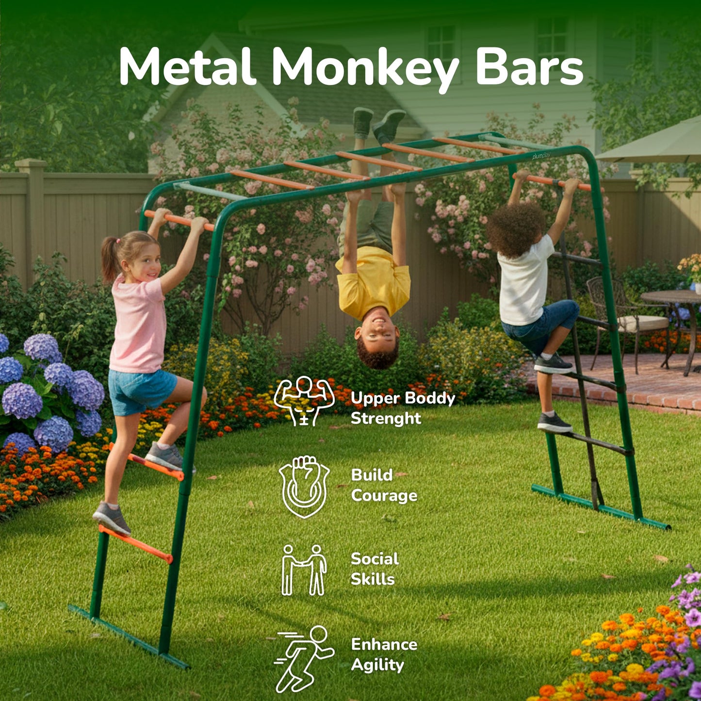 Plum Play Metal Monkey Bars Climbing Frame with Stippled Powder Coating for Extra Grip and Support - Cargo Climbing Net - Max user weight 50kg - Up to 3 users at a time - Min age from 3 years Plus