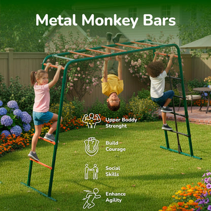 Plum Play Metal Monkey Bars Climbing Frame with Stippled Powder Coating for Extra Grip and Support - Cargo Climbing Net - Max user weight 50kg - Up to 3 users at a time - Min age from 3 years Plus