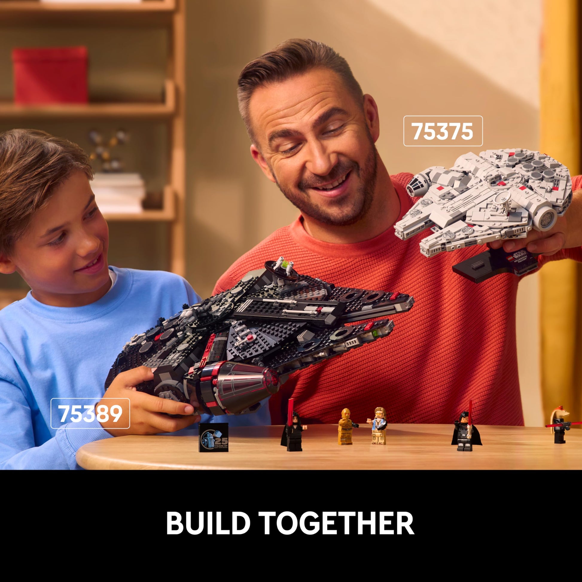LEGO Star Wars 75375 Millennium Falcon building set with display stand and nameplate, ideal for collectors and fans.