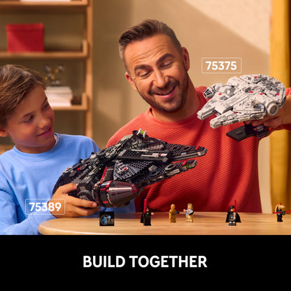 LEGO Star Wars 75375 Millennium Falcon building set with display stand and nameplate, ideal for collectors and fans.