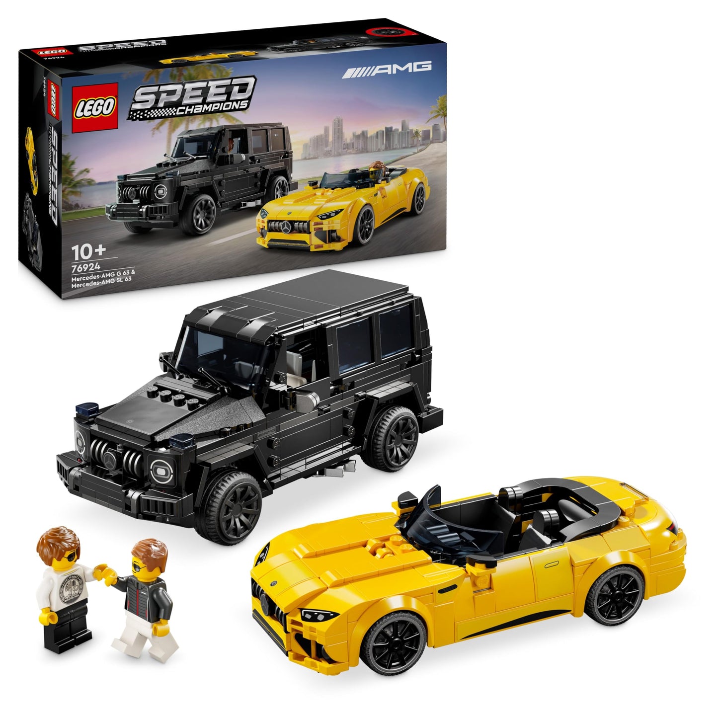 LEGO Speed Champions Mercedes-AMG G 63 and SL 63 car toys with driver minifigures in colorful playset display.