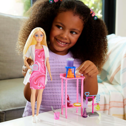 Barbie Scientist doll with blonde hair, lab table, microscope, color-change beaker, and petri dish accessories for imaginative play