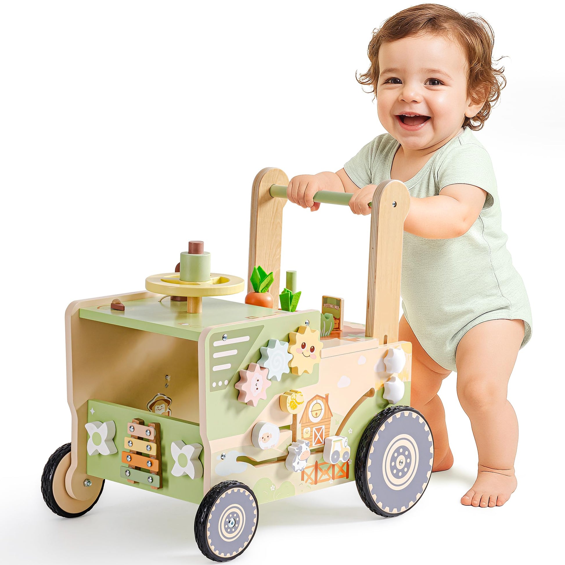 ROBUD baby walker for 1-2 year olds featuring a farm-themed wooden design, wheels, and adjustable height for toddlers.