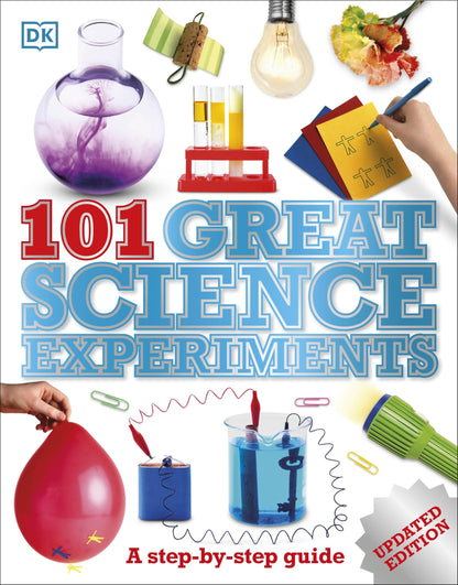 Open book showing colorful science experiment illustrations from DK's 101 Great Science Experiments guide.