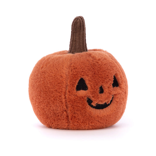 Jellycat Halloween Ooky Jack O Lantern Pumpkin plush toy, featuring a cheerful face and soft texture, 10cm x 9cm.