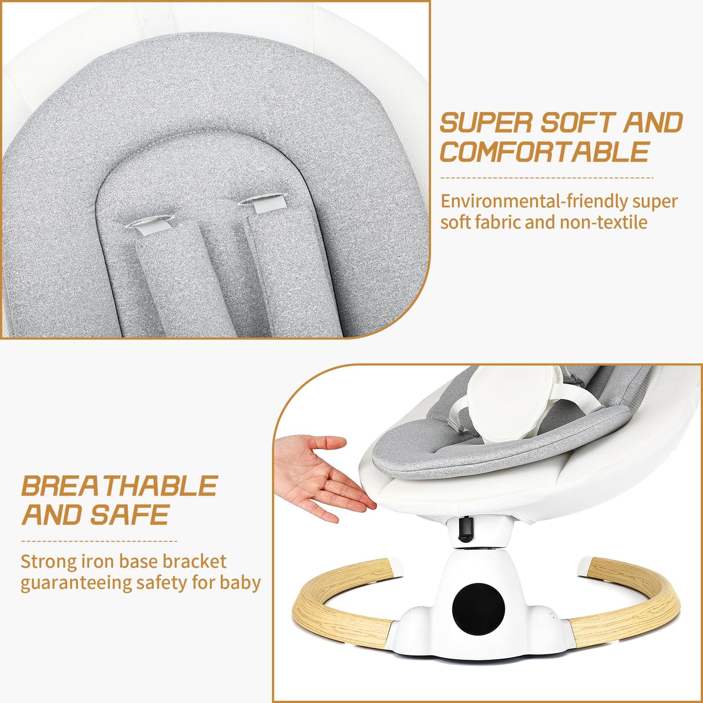 Uuoeebb portable electric baby bouncer with wood finish, Bluetooth, 5 swing speeds, 10 lullabies, 5-point harness, remote control, indoor outdoor use