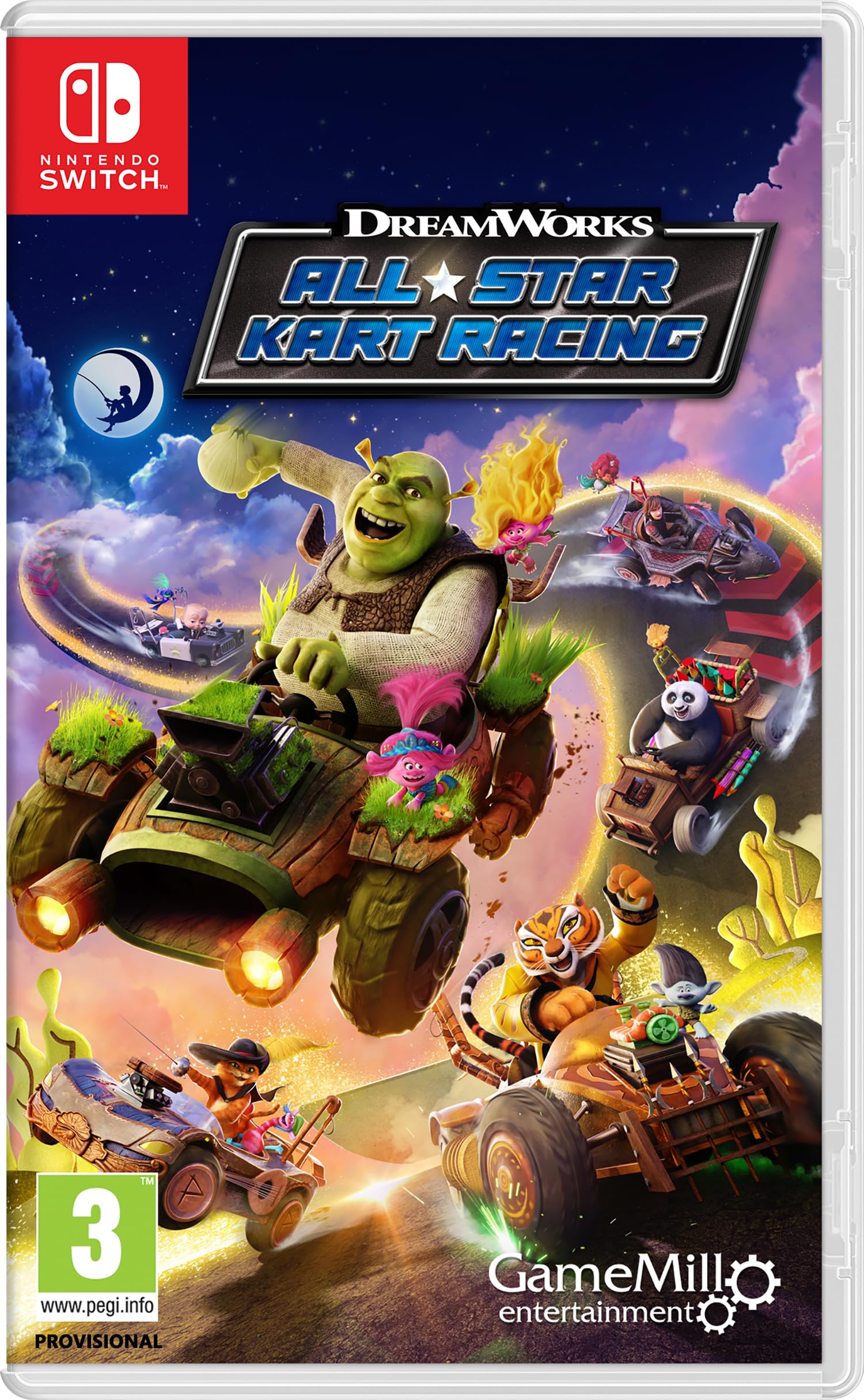 Dreamworks All-Star Kart Racing Nintendo Switch game cartridge with colorful cartoon character artwork on the cover.