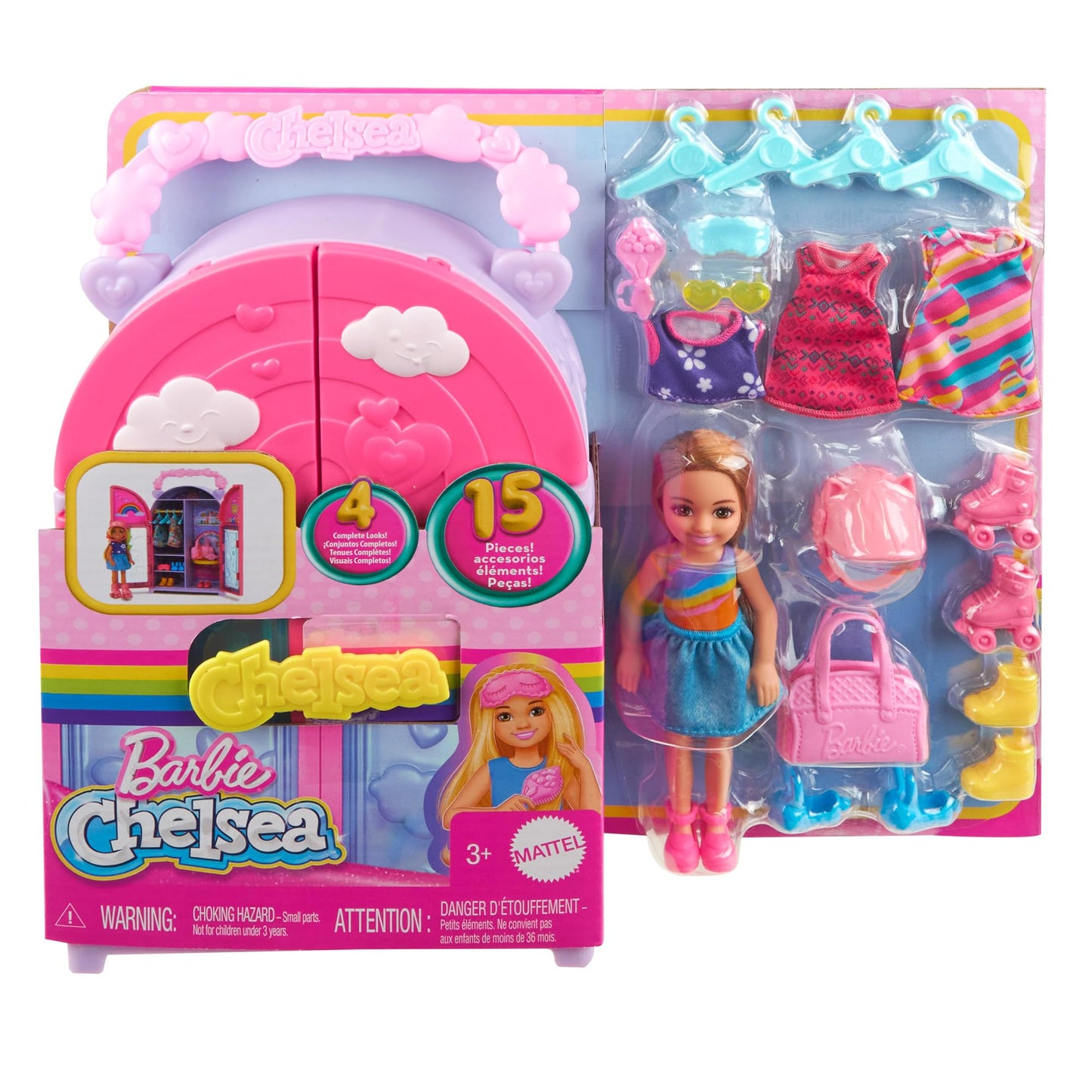 Barbie Chelsea doll with foldable closet playset, 15 pieces of clothes and accessories, on-the-go toy storage and playset