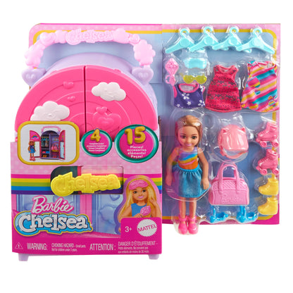 Barbie Chelsea doll with foldable closet playset, 15 pieces of clothes and accessories, on-the-go toy storage and playset