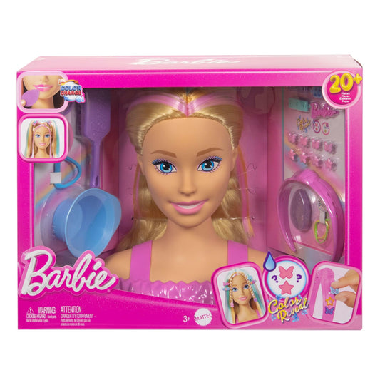 Barbie doll styling head with blonde hair and color change star and butterfly hair clips, featuring 20+ accessories.