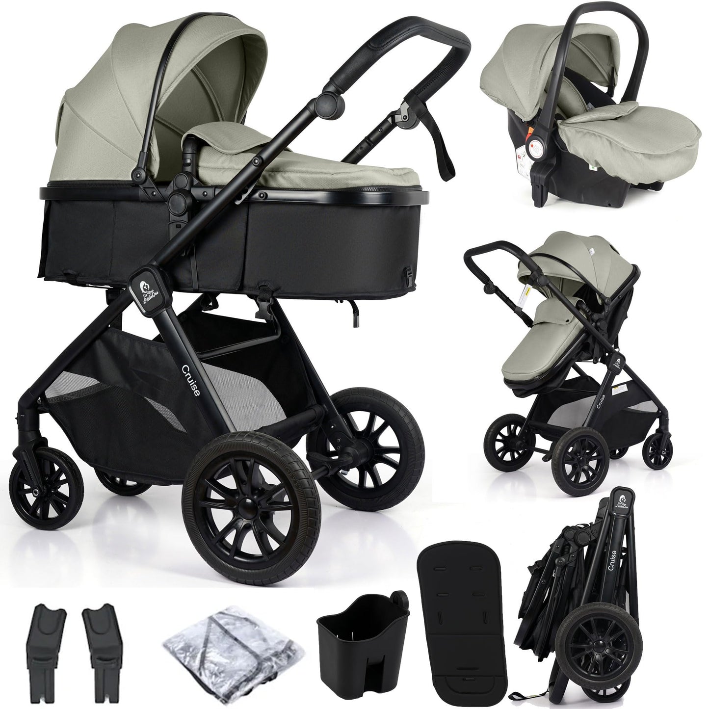 For Your Little One Cruise 3-in-1 Travel System with i-Size Car Seat, Stroller, 13kg Pram, Height Adjustable Handle, Pram, Newborn 0-4 Years Free Raincover and Cupholder (Pebble Sage)