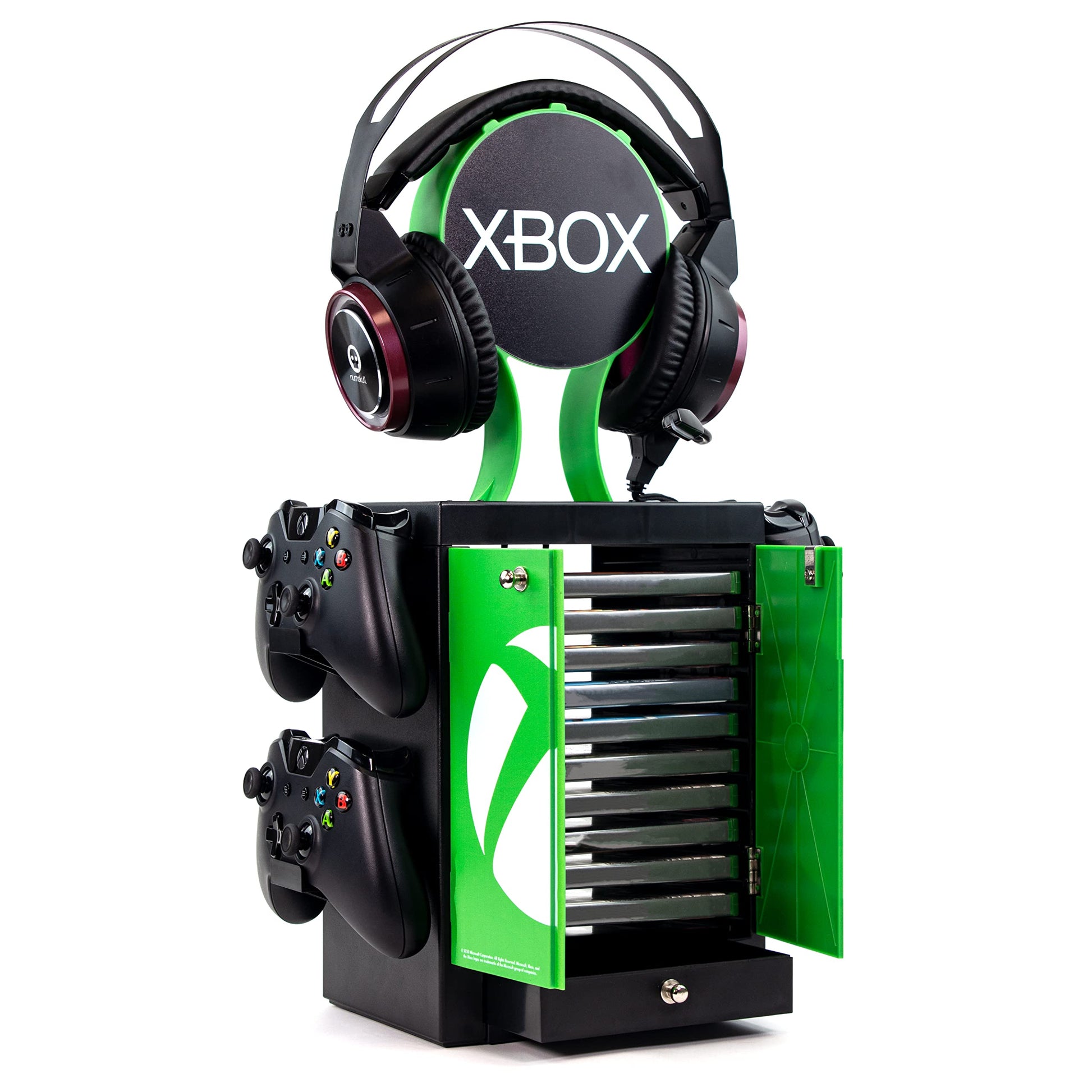 Numskull Games official Xbox gaming locker with game disk holder and storage compartments for gaming accessories.