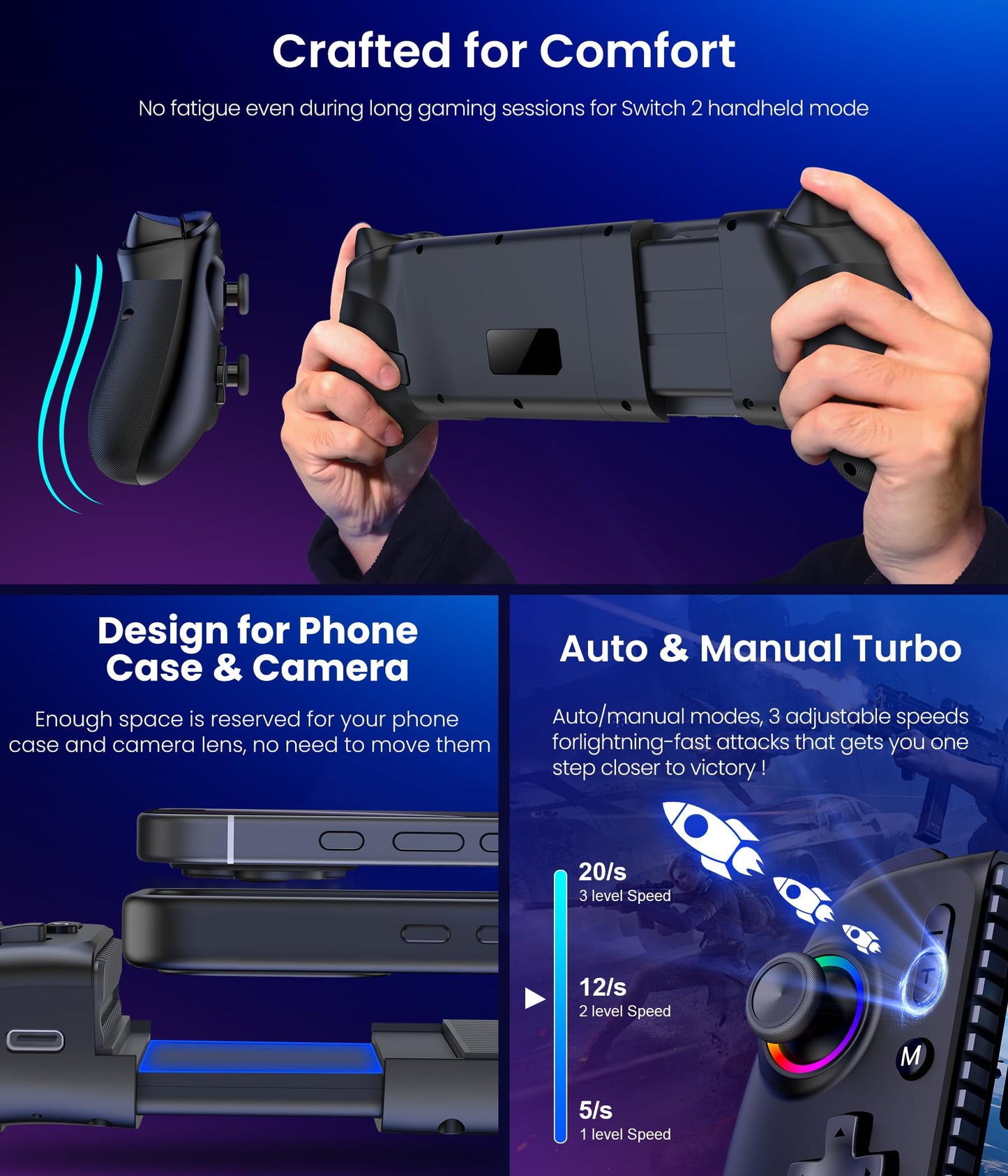 Fanxieast Handheld Switch 2 Pro Controller with wireless design, full-size joystick, RGB lights, turbo, vibration, for Nintendo Switch OLED.