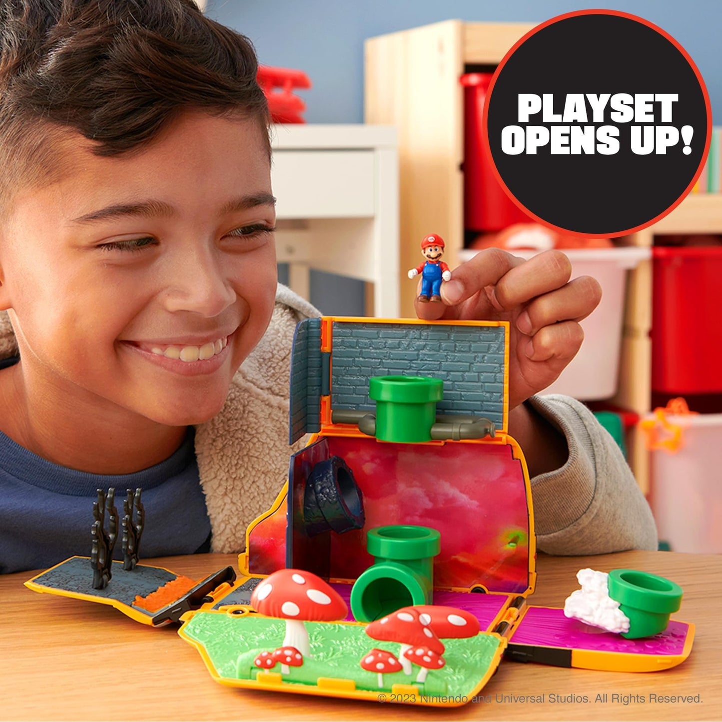 Super Mario Bros Movie Van Playset by Jakks Pacific featuring a transforming vehicle, Mario figure, warp pipe, and movie scene accessories.