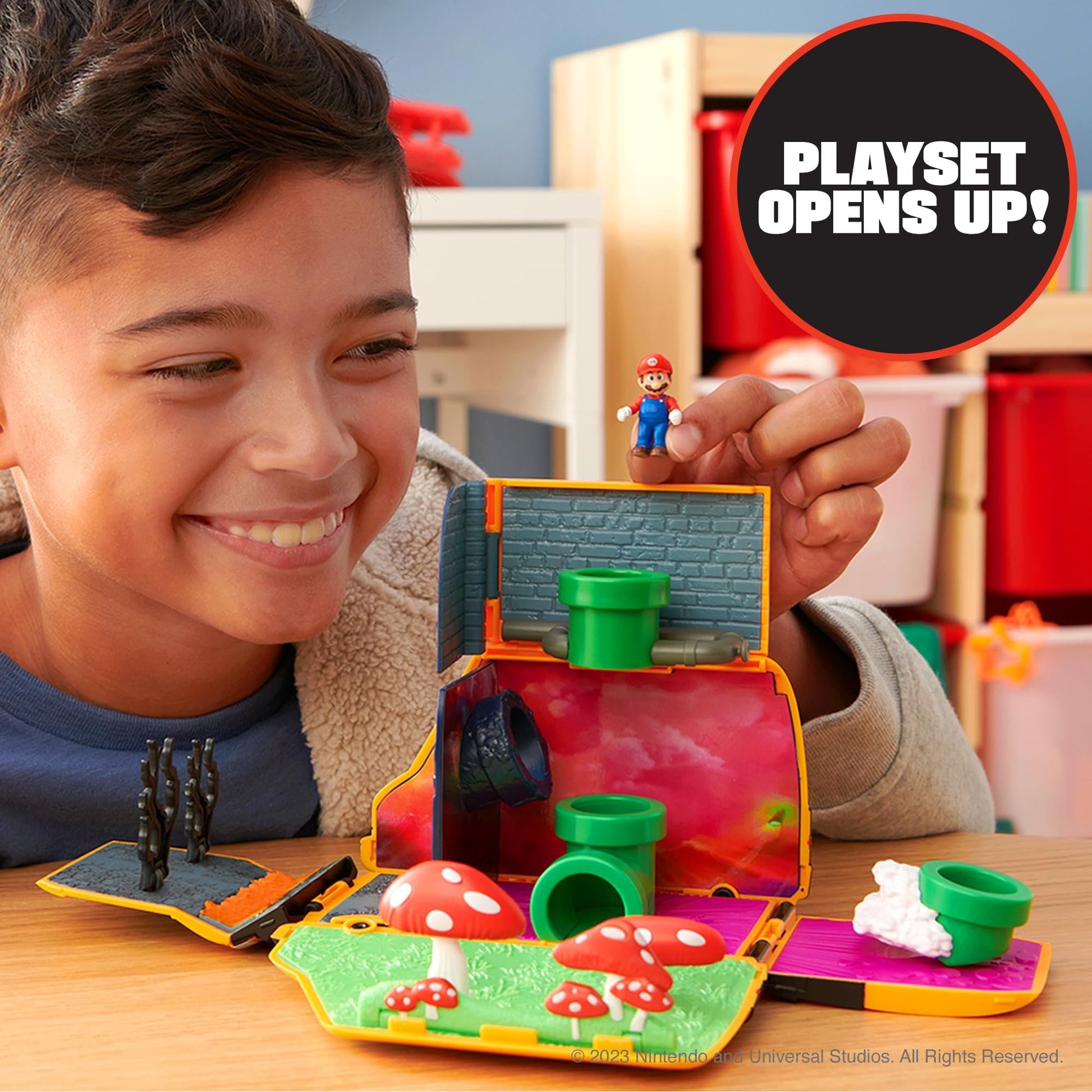 Super Mario Bros Movie Van Playset by Jakks Pacific featuring a transforming vehicle, Mario figure, warp pipe, and movie scene accessories.