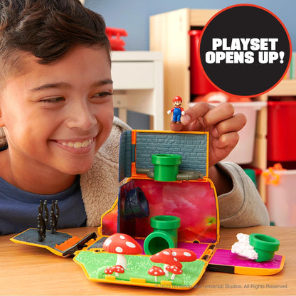 Super Mario Bros Movie Van Playset by Jakks Pacific featuring a transforming vehicle, Mario figure, warp pipe, and movie scene accessories.