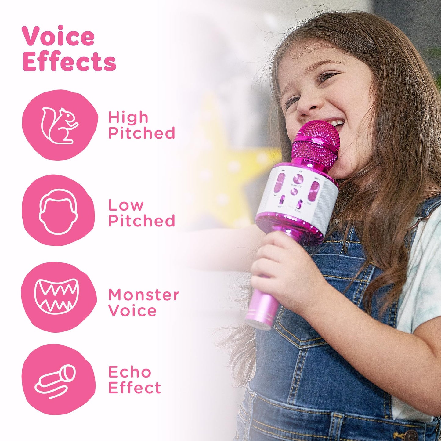 Move2Play kids karaoke microphone with Bluetooth and pre-loaded songs, designed for children ages 2 and up, perfect for birthday parties.