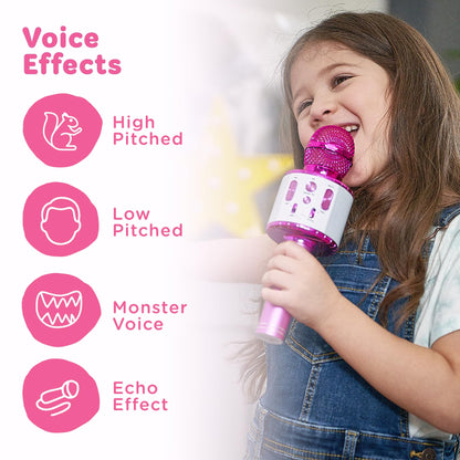 Move2Play kids karaoke microphone with Bluetooth and pre-loaded songs, designed for children ages 2 and up, perfect for birthday parties.