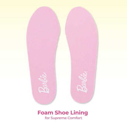 Voyager Barbie roller skates for girls with glitter wheels, adjustable sizes 12-2, PVC material, foam lining, and ABEC 5 bearings.