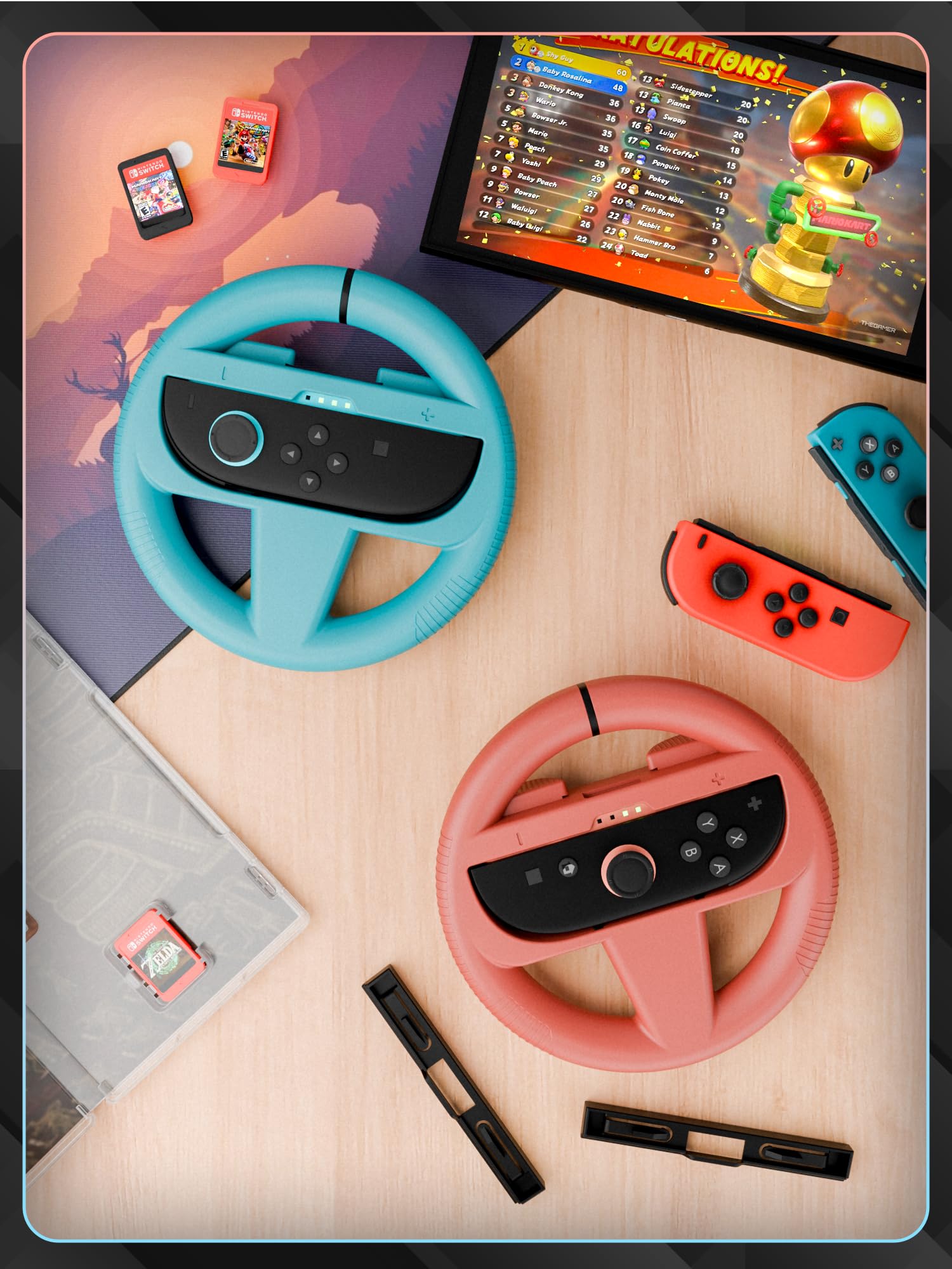 Orzly twin pack of red and blue steering wheels compatible with Nintendo Switch 2 Joy-Con controllers for racing games.