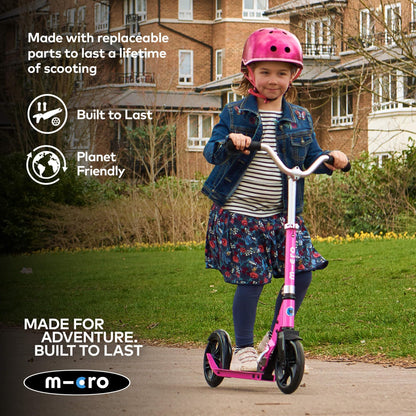 Pink Micro Cruiser LED children's scooter with adjustable handlebar, light-up wheels, and foldable design for ages 5-12.