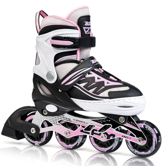 Pink 2pm Sports adjustable inline skates for boys and girls, stylish design, beginner roller skates, small size, with safety straps.