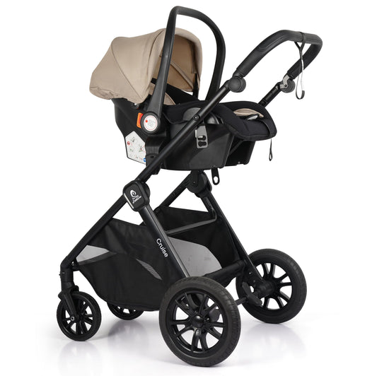 For Your Little One Cruise 3-in-1 Travel System with i-Size Car Seat, Stroller, 13kg Pram, Height Adjustable Handle, Pram, Newborn 0-4 Years Free Raincover and Cupholder (Dune Beige)