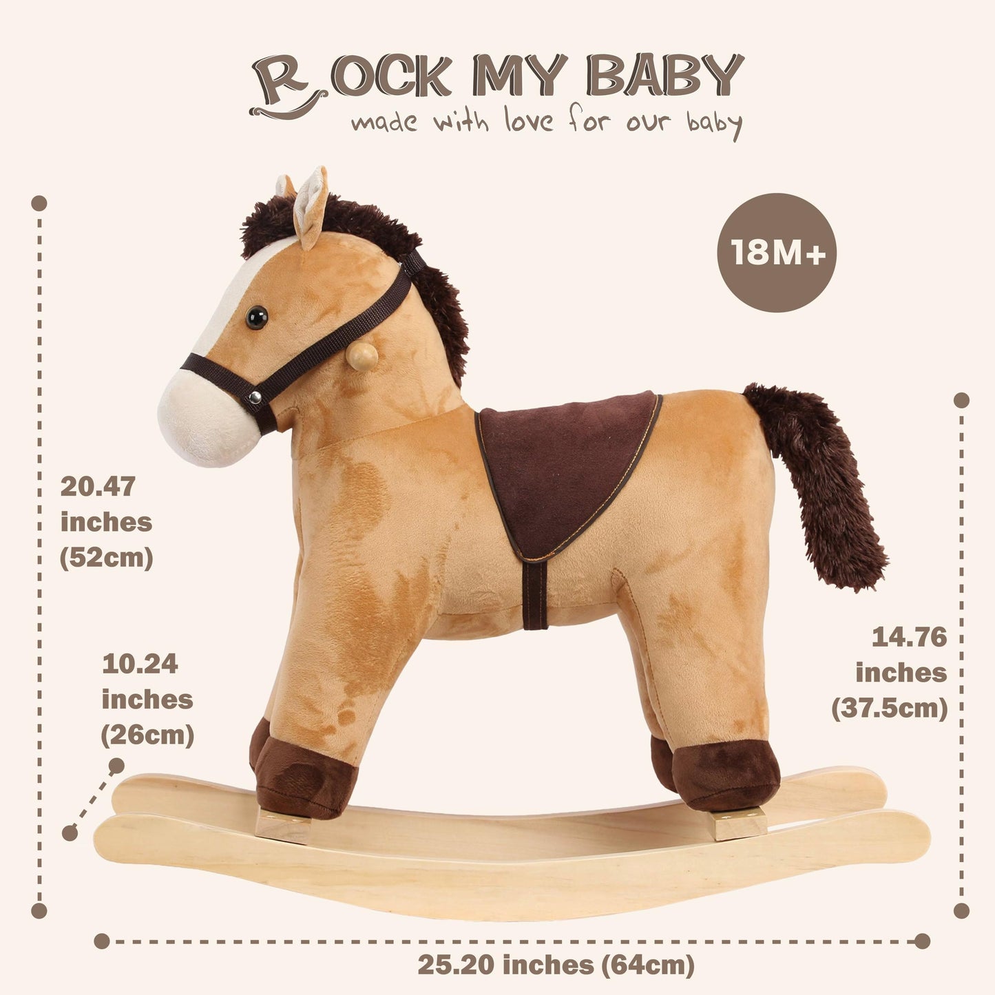 Rock My Baby Rocking Horse, Grey Wooden Horse with Sound Effects,Ride-on Toy,Balance Toy (Light Brown)