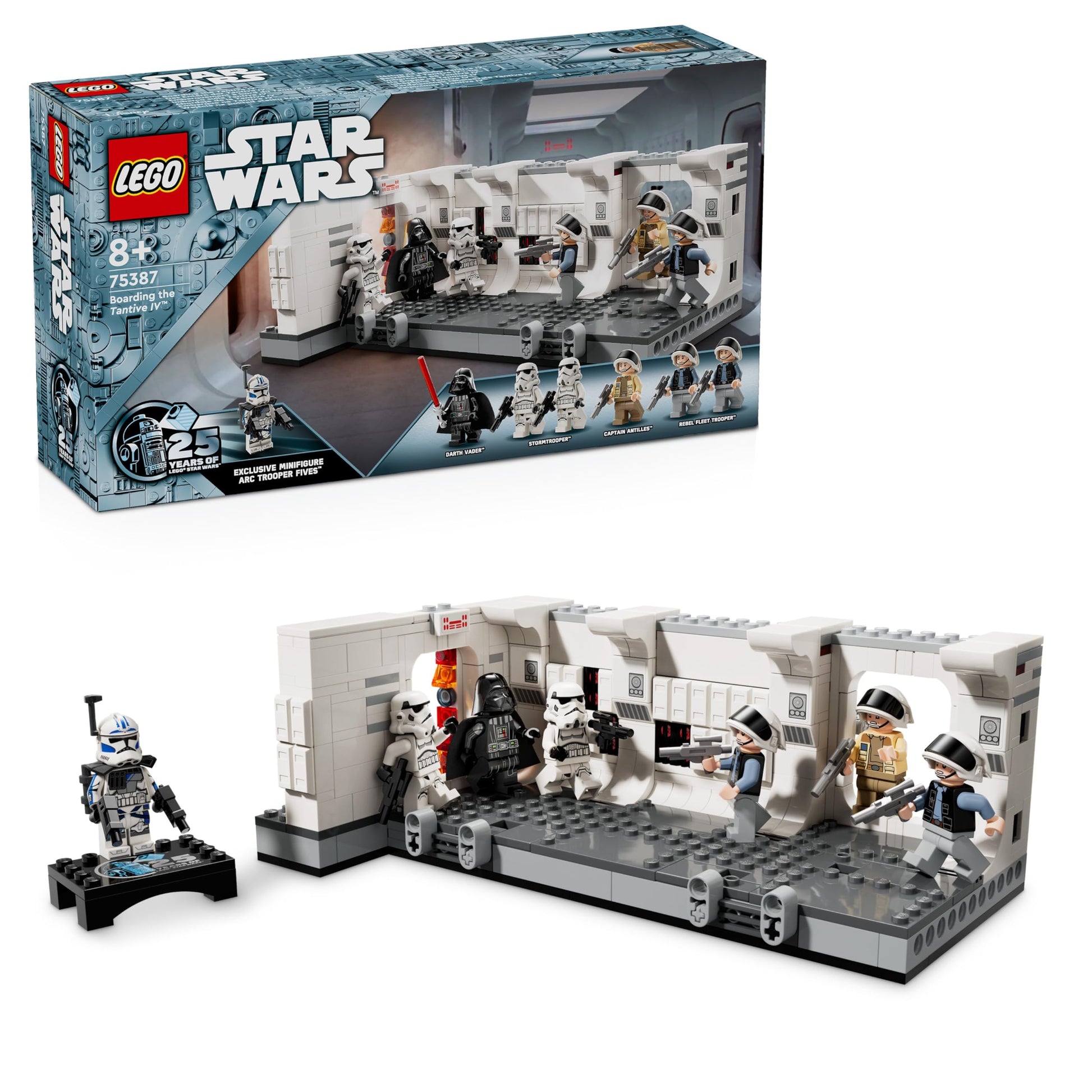 LEGO Star Wars Boarding the Tantive IV set with minifigures including Darth Vader and ARC Trooper Fives, showcasing door blast function.