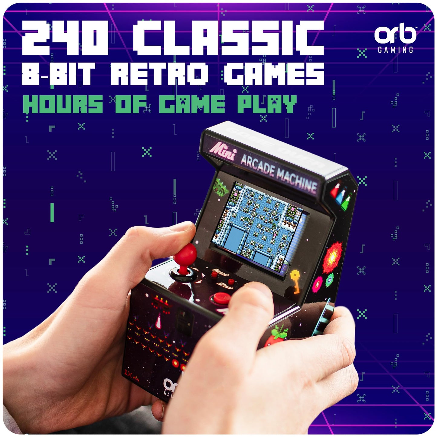 Mini Arcade Machine, 240 Built-In 8-Bit Games, 2.5” Full Colour Screen, 8-Way Joystick, Handheld Retro Games Console – Orb Gaming by ThumbsUp!