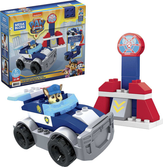 Mattel Mega Bloks PAW Patrol Chase's City Police Cruiser, 1 Poseable Chase Figure, 30 Mini Building Blocks, Building Toys for Toddlers, Ages 3+, GYJ00,