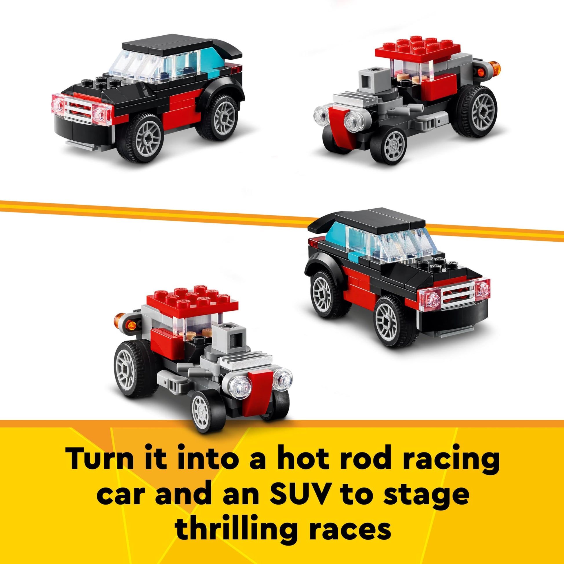 LEGO Creator 3in1 Flatbed Truck with Helicopter, Propeller Plane, and Hot Rod toys for kids aged 7 and up.