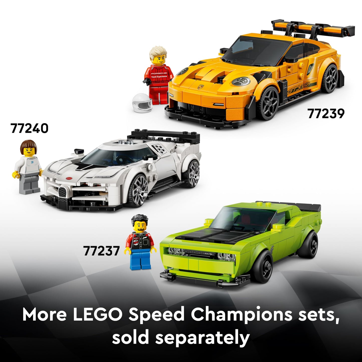 LEGO Speed Champions Lamborghini Revuelto and Huracán STO model kit with two driver minifigures and detailed car designs.