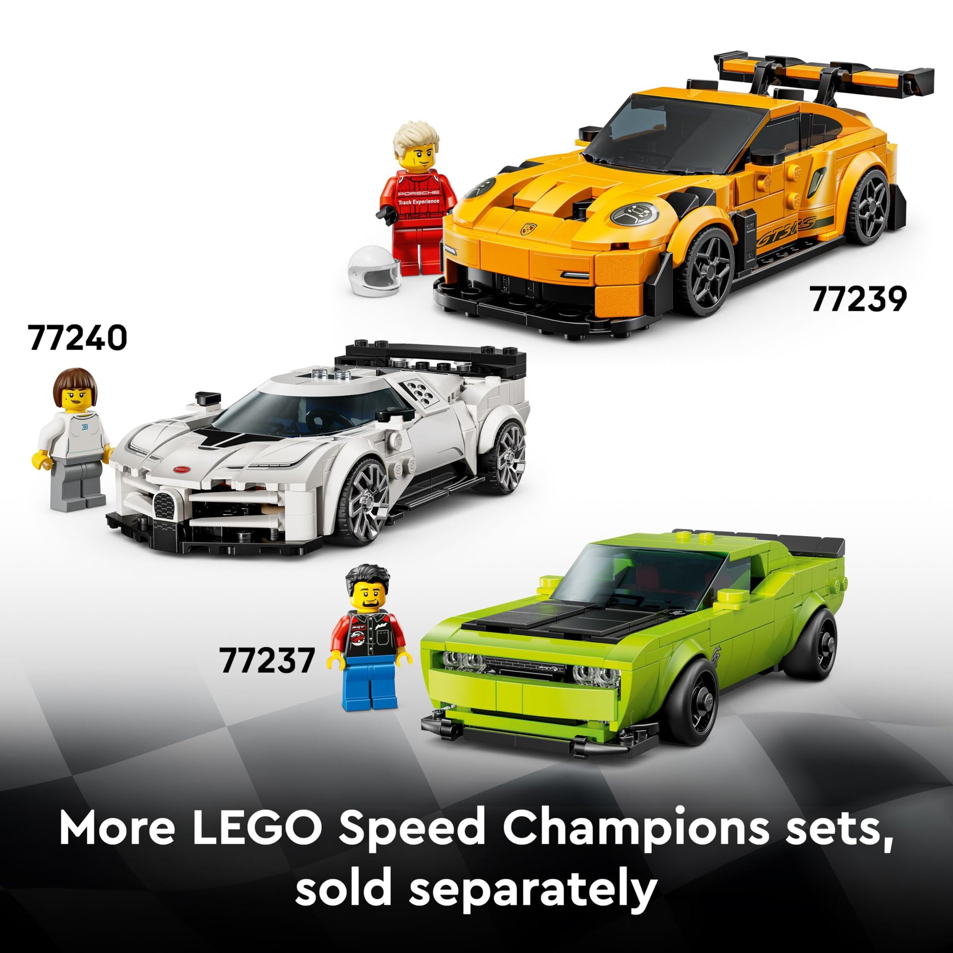 LEGO Speed Champions Lamborghini Revuelto and Huracán STO model kit with two driver minifigures and detailed car designs.