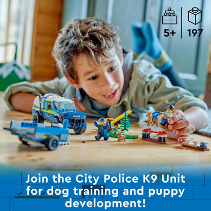LEGO 60369 City Mobile Police Dog Training Set featuring an SUV, trailer, obstacle course, and puppy figures for kids.