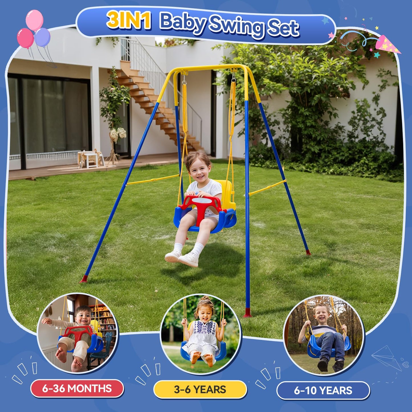 Warmiehomy 3 in1 Baby Swing Chair with Safety Harness Kids Swings for Garden Backyard Outdoor Indoor, Foldbale Toddler Swing Chair Play for Children Gift for 1 2 3 4-10 years old Boys Girls, Blue