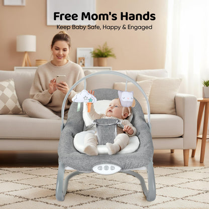 JoyCushy Baby Bouncer, Electric Baby Rocker from Birth Adjustable with Music and Vibration, Suitable for Newborns 0-6 Months Baby Bouncer with 3-Point Harness, Removable Toy Bar with 2 Toys